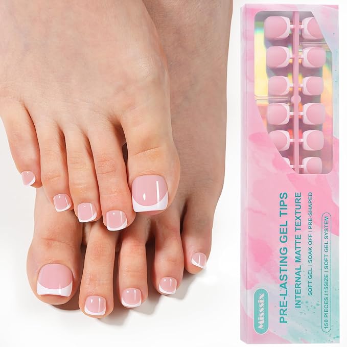 Misssix Press on Toenails Short, French Tip Toe Nails Square Pink | 150pcs Soft Gel Fake Toe Nail Tips Extensions for Women Nail Art DIY 15 Sizes