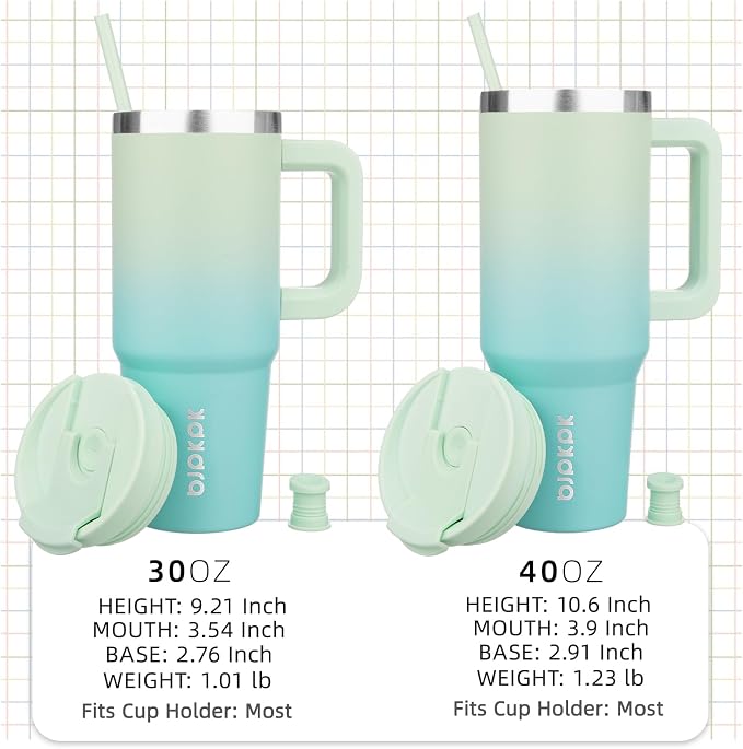 BJPKPK 30 oz Insulated Tumbler with Handle & Straw, Stainless Steel | Double Wall Vacuum Insulation, Leak Proof, BPA Free, Dishwasher Safe, Cupholder Friendly, Travel & Outdoor, Mint