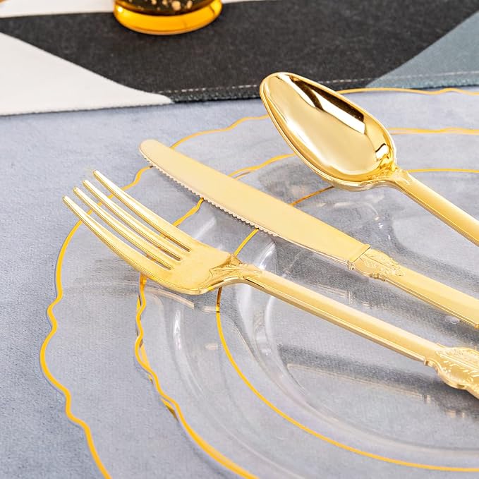 YOUBET 125PCS Clear Gold Plastic Plates for Thanksgiving Party Wedding | 25 Guests Baroque Gold Plastic Dinnerware Includes 25 Dinner Plates, 25 Dessert Plate, 75 Silverware