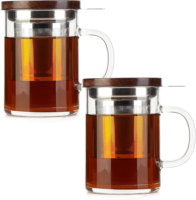Tea Cup with Infuser Walnut Lid&Handle, Glass Tea Cups with Wide Mouth Extra Large Capacity, Stainless Steel Tea Infuser Mug for Loose Leaf Tea Steeping(2PCS,14oz/400ml)