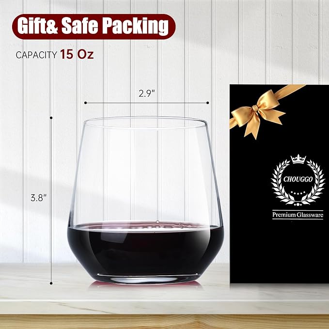 Chouggo Stemless Wine Glasses Set of 6, Hand Blown Premium Crystal Square Red White Wine Glass - Gifts for Women, Men, Wedding, Anniversary, Christmas, Birthday - 15Oz