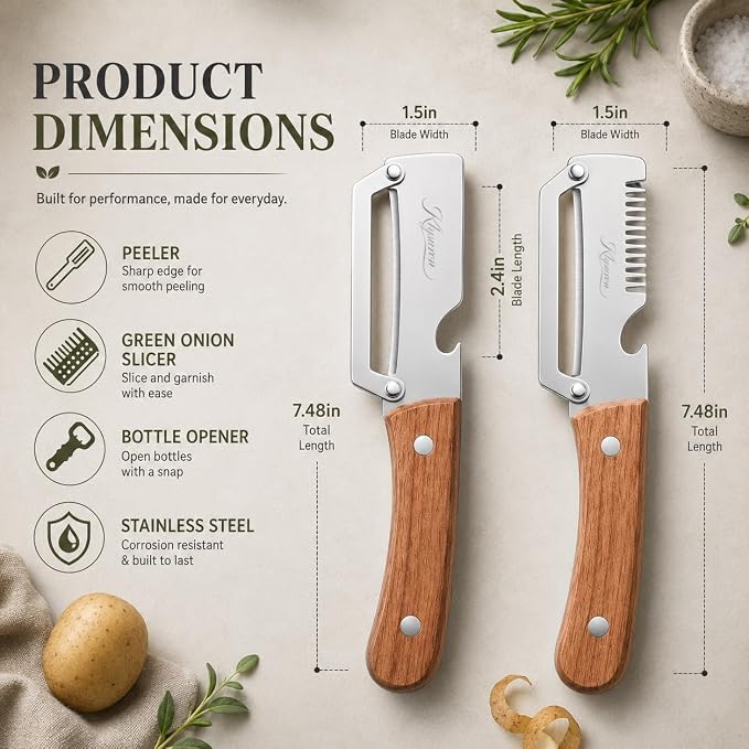 3-in-1 Vegetable Peeler with Bottle Opener, Wooden Handle | Peels, slices, and shreds fruits and vegetables with a stainless steel blade, wooden handle, and built-in bottle opener