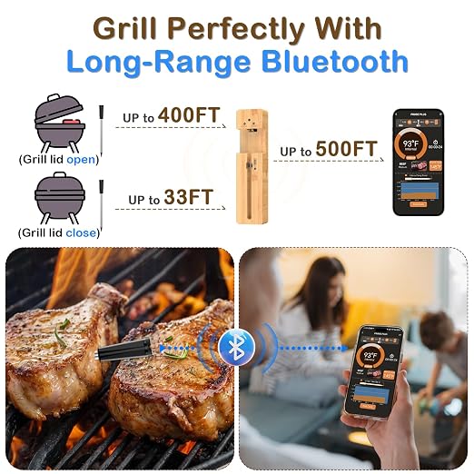 Real-Time Alerts Wireless Meat Thermometer - Long Range Bluetooth | Accuracy Temp Dishwasher Clean Waterproof Smart Bluetooth Probe for BBQ Grill Oven Smoker - Perfect for BBQ Lovers & Chefs