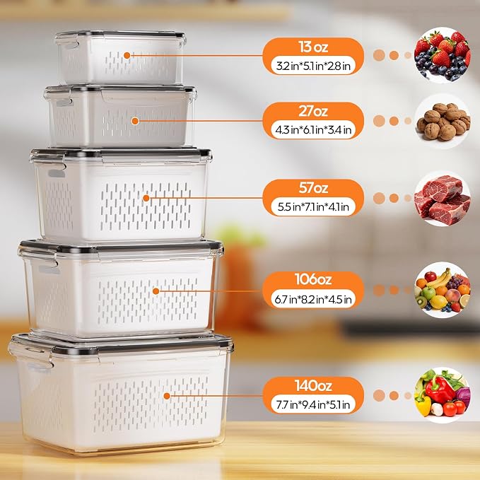 JSCARES Fruit Storage Containers for Fridge - 5 Pack Produce Storage Containers with Removable Colander, Food Organization Keep Fruits Berry Veggie Salad Meat Fresh Longer, Dishwasher Safe
