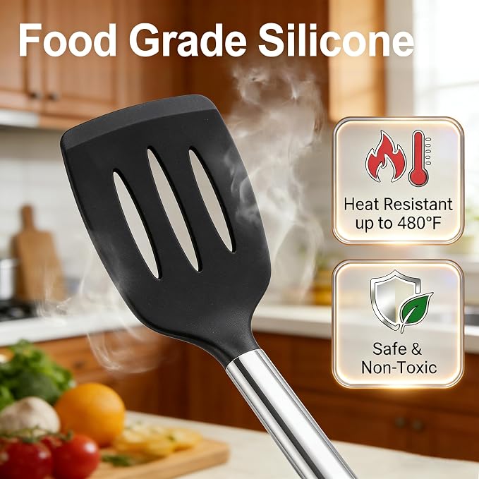 Vayvnt 4 Pieces Silicone Kitchen Utensils Set for Nonstick Cookware, Black | Spatula and Spoon Set, Heat Resistance, Non Toxic, Silicone Utensils for Cooking, Stainless Steel Handle, Dishwasher Safe