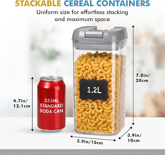 Shazo Airtight Food Storage Containers with Lids - 6 PC BPA Free Clear Plastic Cereal Containers with Easy Lock Lids for Kitchen and Pantry Organization for Snacks and Pasta - 1.2L