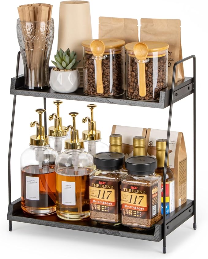 ANBOXIT 2-Tier Coffee Station Organizer, Wooden Kitchen Counter Shelf | for Coffee Bar Accessories, Condiment Storage Caddy for Kitchen, Home, Office - Black