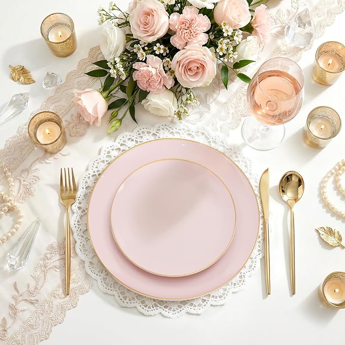 IOOOOO 150 PCS Pink Plastic Plates,Heavy Duty Pink Disposable Plates | Pink Plates Set Include 30 Pink Dinner Plates&30 Pink Dessert Plates,30 Gold Plastic Silverware Set for Wedding,Party