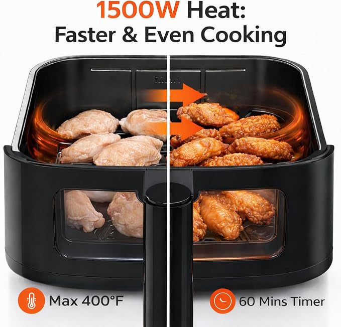 Simple Deluxe 8-in-1 Air Fryer 4 Qt, Digital Preset Airfryer with Visible Window, Nonstick and Dishwasher-Safe Basket for Chips, Bake, Wings, 60-Min Timer, 1500W, White