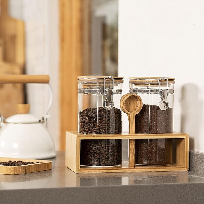 Coffee Container with Shelf: 2P 45OZ Glass Airtight Coffee Holder | Large Capacity Coffee Canister w/Wooden Scoop - Kitchen Food Storage Jar for Ground Coffee/Tea/Sugar/Cereal/Nuts/Coffee Bar
