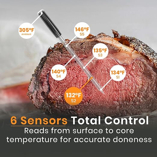 MeatStick V Prime WiFi Wireless Meat Thermometer, 1200°F 6-Sensor Probe | 50+ hr battery, dishwasher-safe probe, 900 ft+ Bluetooth range. For Grill, Smoker, Oven, Air Fryer, Sous Vide, BBQ