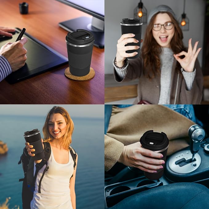 4 Pack Insulated Coffee Mug with Lid 12oz Travel Coffee Tumbler Stainless Steel Reusable Coffee Cups Thermal Coffee Mug for Hot and Iced Cold Drinks, Black