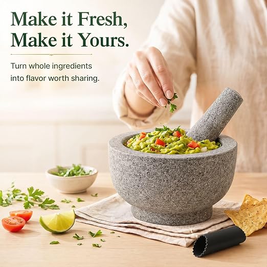 Flexzion Granite Mortar and Pestle Set, 4 Cup with Garlic Peeler, Gray | Large Molcajete Stone Grinder Bowl Includes a Matching Pestle, Garlic Peeler and Non-Slip Mat for Guacamole, Salsa and Spices
