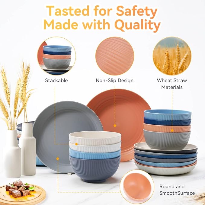 Wheat Straw Dinnerware Sets,64-Piece Plates and Bowls Sets for 8-Unbreakable,Reusable Plastic Dish Set-Dinner Plate/Dessert Plate/Cereal Bowl/Cup/Utensils-Dishwasher Safe 64P-Coral Coast