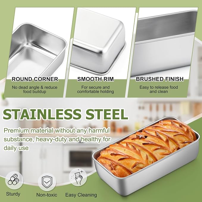P&P CHEF Loaf Pan, 9 x 5 Inch Stainless Steel Bread Pan, (Silver, 6Pcs) | Loaf Toast Baking Pans Tins Set For Bread Meatloaf Lasagna Cake, Healthy & Sturdy, Oven & Freezer Safe, Easy to Clean