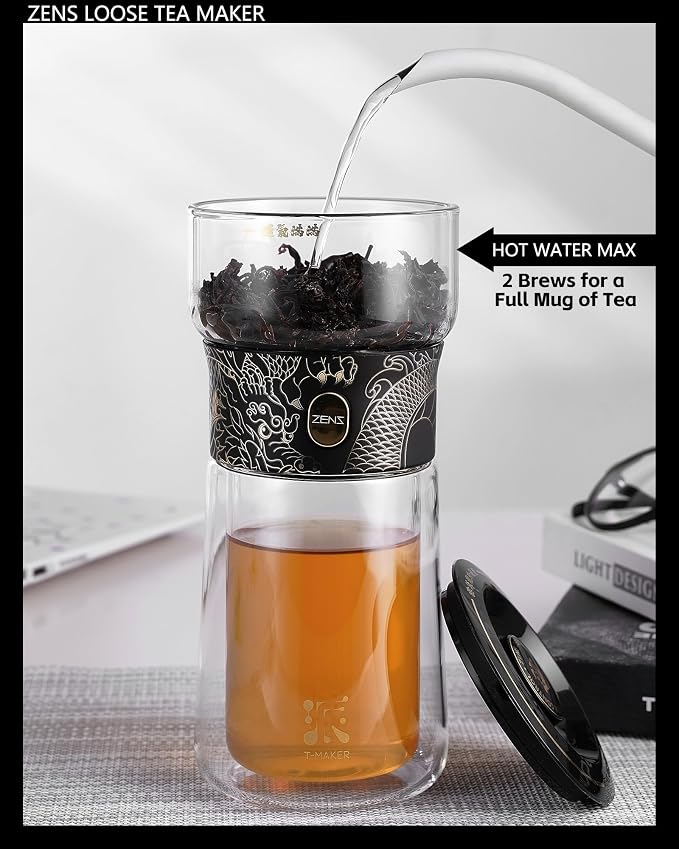ZENS Glass Infuser Teapot, Cool One Touch Tea Maker For Loose Tea, Dragon | Modern Tea Diffusers, Magic Tea Pot with 9oz Insulated Mug and Portable Bag for Herbal Tea Lovers Gifts