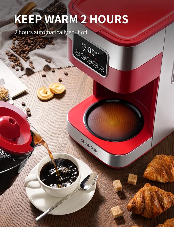 SHARDOR 10-Cup Programmable Coffee Maker, Regular & Strong Brew Drip Coffee Machine for Home and Office, Auto Shut Off, Permanent Filter (red)