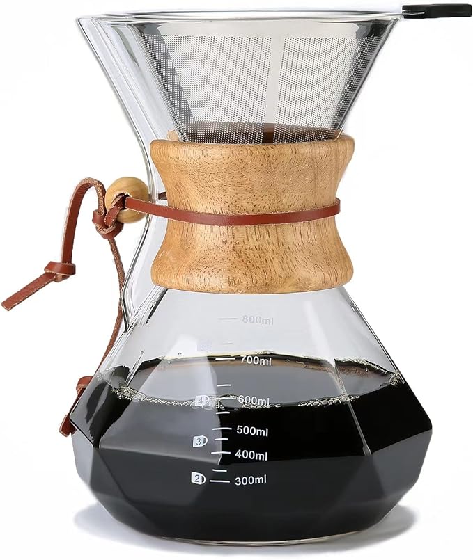 Lalord Pour Over Coffee Maker, 800ml/27oz Borosilicate Glass Carafe, Reusable Stainless Steel Filter, Wooden Collar, 4-6 Cups Serving, Clear
