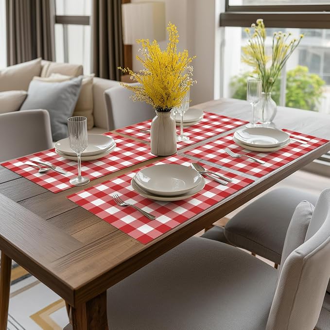 Artoid Mode Buffalo Plaid Vinyl Placemats Set of 6, 12x18 Inch Washable Non-Slip Heat Resistant Plastic Place Mats for Party Dining Table, Red/White