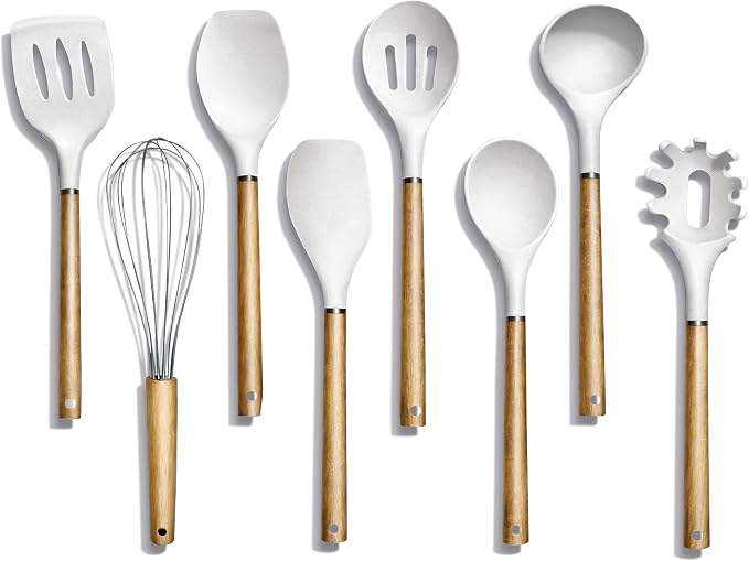Country Kitchen Non Stick Silicone Utensil Set with Rounded Wood Handles for Cooking and Baking, 8 Piece Set, White