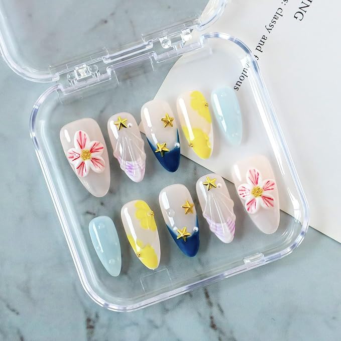 Handmade Press on Nails 3D Pink White Flower Fake Nails Salon Quality Medium Almond Acrylic Nail French Summer Starfish False Nails Designs Full Cover Stick on Nail for Women（Size S）