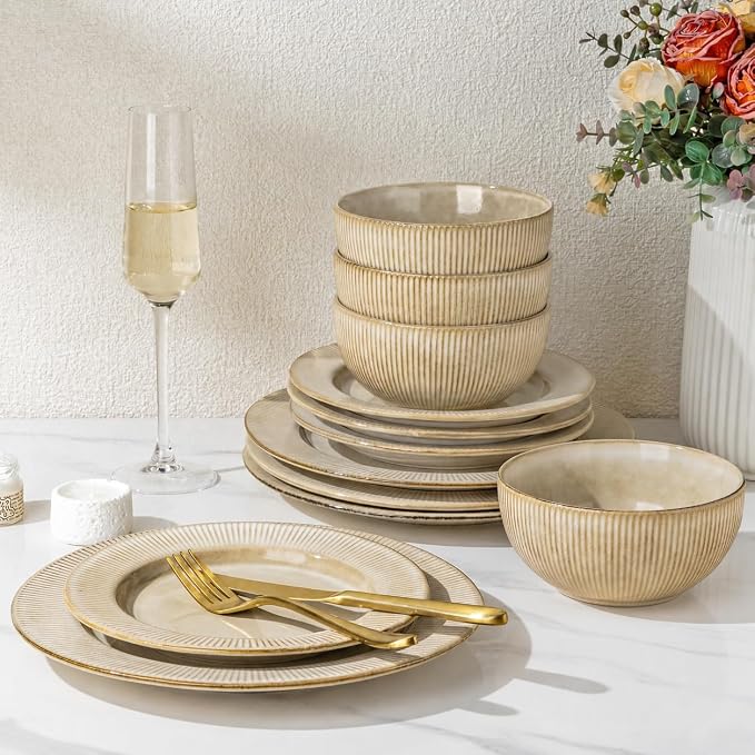 GBHOME Ceramic Dinnerware Sets of 4,12 pcs Plates and Bowls Sets Dishes | Embossed Elegant Stoneware Dishes Set | Dishwasher & Microwave Safe | Service for 4