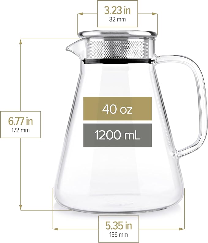 Teabloom One-Touch Tea Maker, 2-in-1 Teapot and Kettle with Stainless Steel Filter Lid for Loose Tea – Stain-Free Borosilicate Glass Teapot (40 Oz) – Tea Connoisseur's Choice