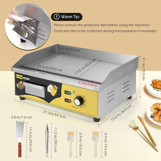 Dyna-Living Commercial Electric Griddle 22'' Stainless Steel Flat Top Grill | 3000W Countertop Flat Top Griddle Indoor Teppanyaki Grill for Restaurant, Non-Stick, Easy to Clean, 122℉-572℉ Temp Adjustable