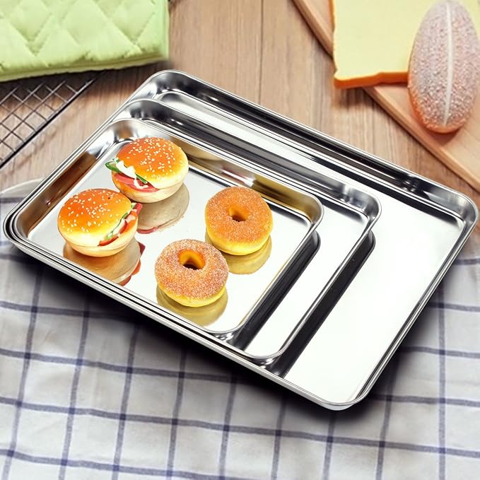 Baking Sheets 2 Pieces, Bastwe Cookie Sheets Set Stainless Steel Baking Pans Toaster Oven Tray Pans, Rectangle Size 12 × 10 × 1 inch, Rustproof & Healthy & Easy Clean & Dishwasher Safe