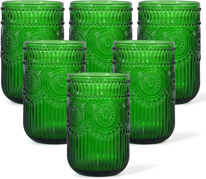 CHLJAR Christmas Green Vintage Wine Drinking Glasses Set of 6, 14 oz hobnail drinking glasses Glassware Embossed Green Water Tumbler for Beer, Juice, Cocktail, Whiskey, Milk
