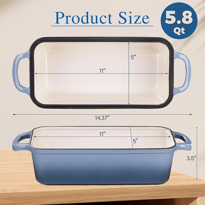 11x5 Inch Cast Iron Loaf Pan with Lid, Sourdough Bread Baking | Large Loaf Pans for Baking Bread, Even Heat Distribution Dutch Oven Bread Pan for Homemade Bread, Meatloaf (5.8Qt, Seasalt)