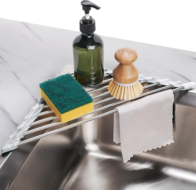 Tomorotec Marble Triangle Roll-Up Dish Drying Rack for Sink Corner - Small, Foldable, Stainless Steel, Multipurpose Kitchen Drainer Caddy, Trivet, Rustproof Organizer, Storage Shelf | BPA-Free Food-Grade Silicone Edges Foldable Waterproof Rustproof Hea...