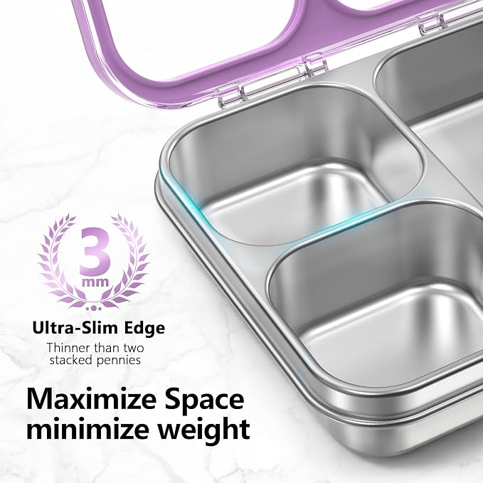 HOMEKOL Stainless Steel Bento Lunch Box 3-Compartment, 4.2Cups, Purple | Leak-Proof Metal Lunch Container for Kids & Adults, BPA-Free, Dishwasher Safe, Clear Tritan Lid, 1000ml (Not Insulated)