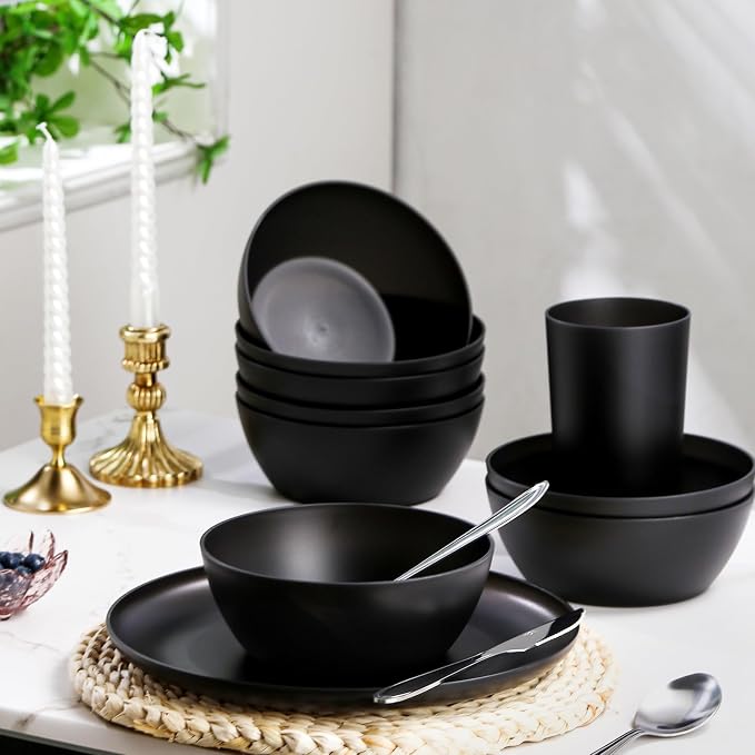 24pcs Matte Black Dinnerware Set, Plates Bowls & Cups, Unbreakable Dishes for 8, Reusable BPA‑Free Tableware, Dishwasher Safe for Kitchen Party Picnic Camping, Bonus Cutlery Set Included