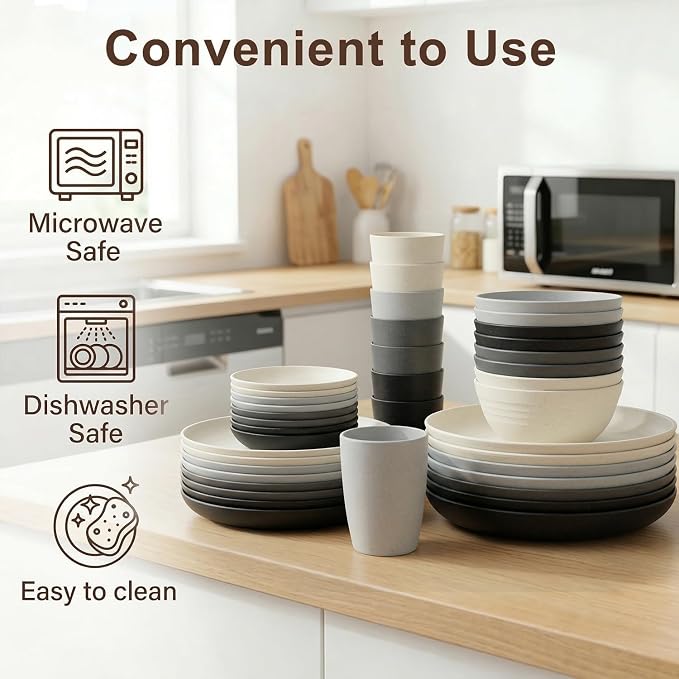 40 Piece Plates and Bowls Sets for 8, Unbreakable Wheat Straw Dinnerware Sets for 8, Microwave Safe Dishes Set for 8, Plastic Dinnerware Set for Home, Apartment, Dorm - BlackBeige