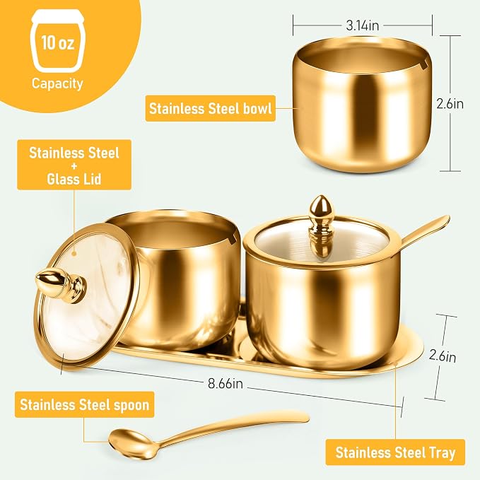holoith 2 Pcs Coffee and Sugar Dispenser with Tray, Gold | 10 oz Sugar Bowl, Glass Lid and Spoon, Coffee Bar Accessories, Kitchen Storage for Salt, Coffees Bean, Brown Sugar Cubes