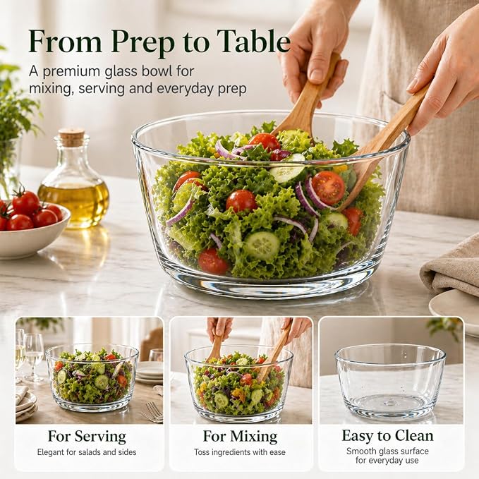 Glass Salad Spinner 3.2 Qt, Small Salad Spinner, Glass Bowl, Black | Removable Lid, Storage Lid, Dishwasher-Safe Glass Bowl, Fruit & Vegetable Washer Dryer, Drain Spout, Crank Handle