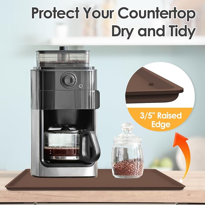Silicone Coffee Maker Mat with Lip for Countertops, 19.7'' x 15'', Brown | Multi leak-proof coffee tray for countertop, non-slip silicone tray for under coffee machine espresso accessory, wipe-clean