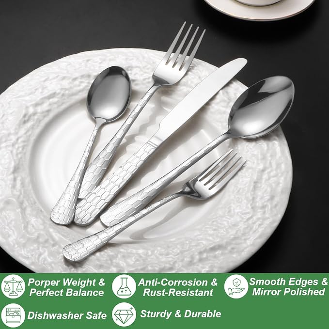 20 Pcs Silverware Set for 4, Food Grade Stainless Steel Flatware Set, Eating Utensils Sets Include Fork/Knife/Spoon, Reusable Cutlery Set for Home Kitchen, Dishwasher Safe, Round Hammered
