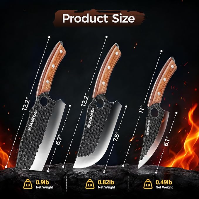 3PCS Butcher Knife Set, Hand Forged Kitchen Chef Knife Set Gift | Meat Cleaver Knife Viking Boning Knife for Home, Outdoor Camping BBQ High Carbon Steel Japanese Knives, Gift for Men Father
