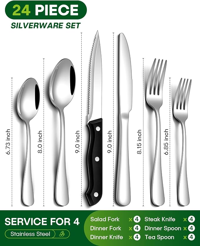 PHILIPALA 24 Pcs Silverware Set with Steak Knives Food-Grade Stainless Steel Flatware Set for 4 Mirror Cutlery Include Forks Spoons and Knives Set Dishwasher Safe Utensil Sets for Home Restaurant