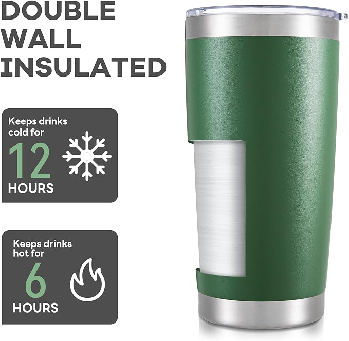 20 oz Tumbler with Lid Stainless Steel Insulated Tumblers Cups Travel Mug | Double Wall Vacuum, Powder Coated, Keep Drinks Cold and Hot, Waterproof Lid, Fit of Car Cup Holders, Dark Green