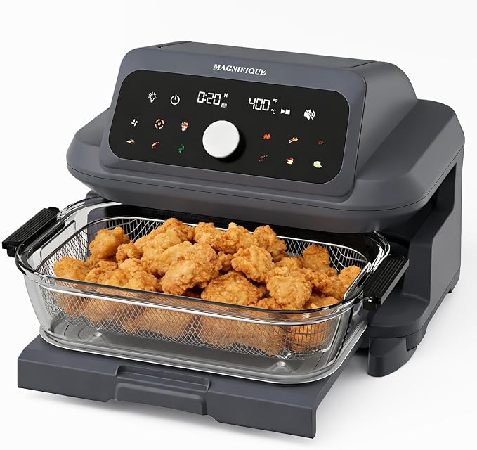 MAGNIFIQUE Casserole Air Fryer 6 Quart Large Capacity, Glass Air Fryer Oven Non Toxic, 12-in-1 Digital Touchscreen, Full Glass Viewing Window, Rapid Hot Air Circulation, Includes Basket & Storage Lid