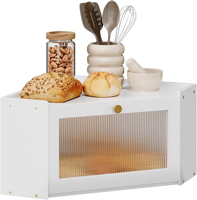 Trironsun Corner Bamboo Bread Box for Kitchen Counter Large Capacity Rustic Bread Storage Container with Wavy Arcylic Transparent Door Vintage Storage for Homemade Bread (White)