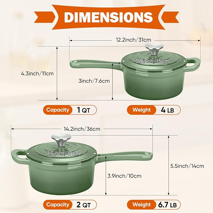 Homikit 1 QT & 2 QT Saucepan Set, Enameled Cast Iron Saucepan with Lid for All Cooktops, Small Pot Mini Dutch Oven for Kitchen Cooking, Boiling, Nonstick & Heavy Duty, Sage Green