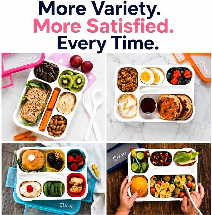 kinsho Bento Box Lunch Containers for Kids Girls Toddlers Women, 6 Compartment Portion Control Kit, Meal or Snack Boxes for School Daycare Work Travel, BPA Free, Utensils, Pink