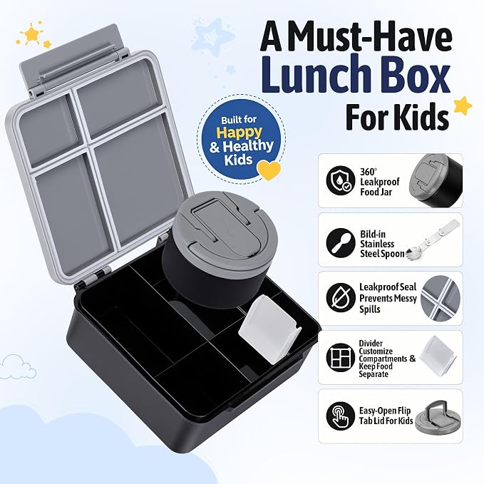 Bento Lunch Box Set for Kids with 8 oz Soup Thermo, Leakproof Hot Food Container with 4 Compartments, Insulated Food Jar for Toddler Daycare Boys Girls School - Black