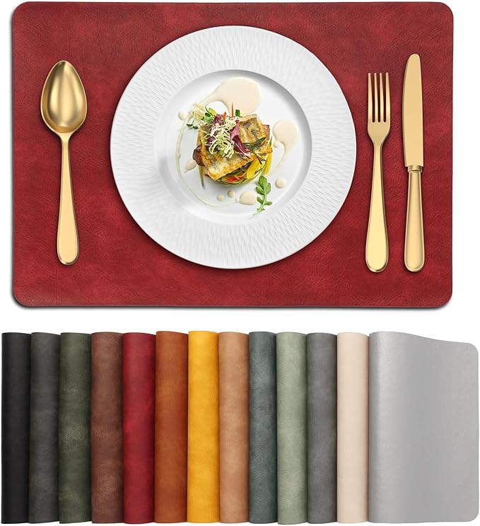 UnivoColors Placemats,Heat Resistant Placemats Set of 8 Washable 12 x 17 Inch,Waterproof Table Mats,Wipeable Pu Place Mats for Kitchen,Dining Room.Red