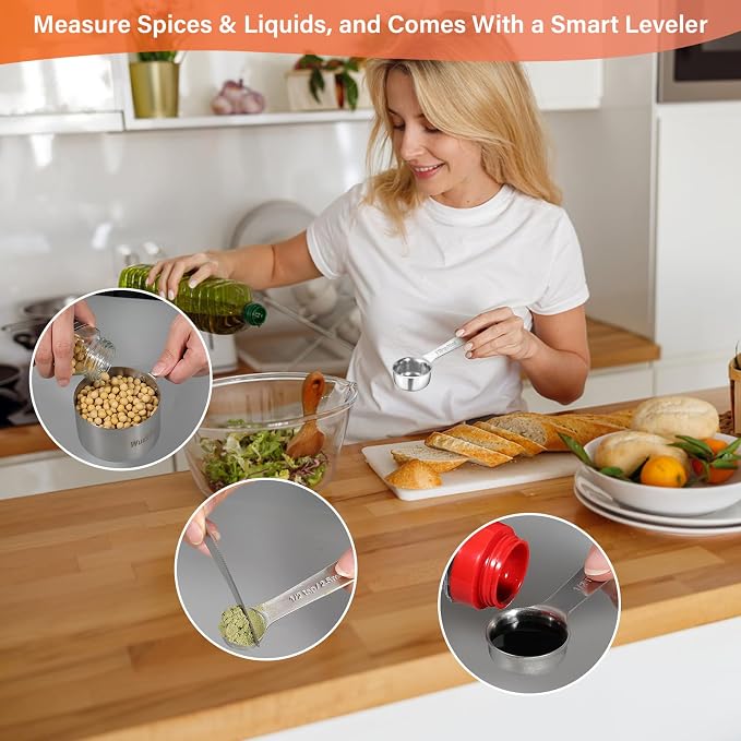 Stainless Steel Measuring Cups & Spoons Set of 11, Stackable Metal Measuring Cups & Spoons, Kitchen Gadgets for Cooking & Baking