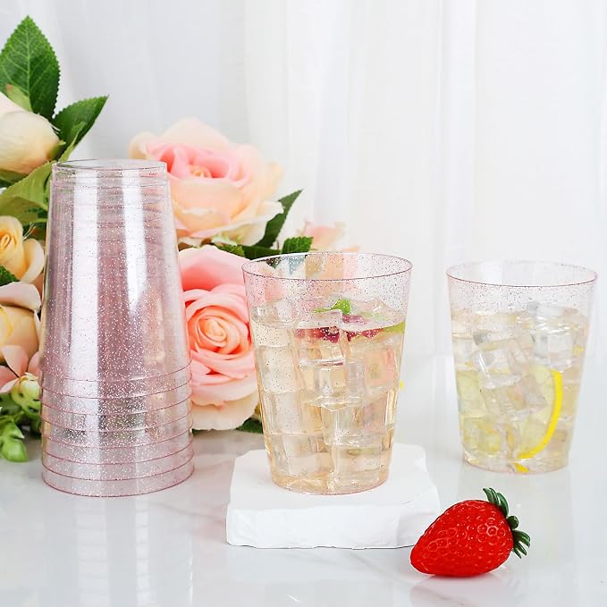 DaYammi 100 Pack 10oz Pink Plastic Cups, Premium Disposable Rose Gold Glitter Plastic Cups for Martini and Cocktail,Disposable Cup with Pink Glitter Perfect for Party Wedding Bridal Shower